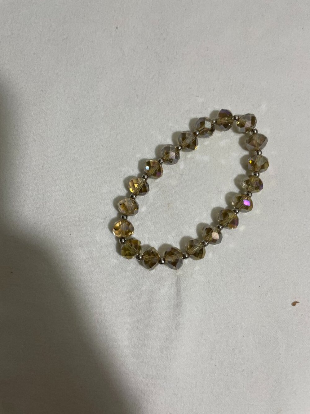 Champagne Brown Iridescent Faceted Bead Stretch Bracelet Silver Tone Spacers